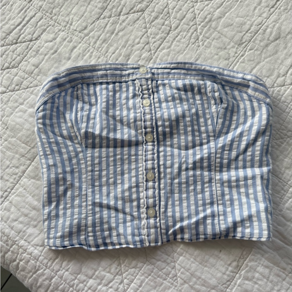 Hollister Blue and White Women's Strapless Crop Top